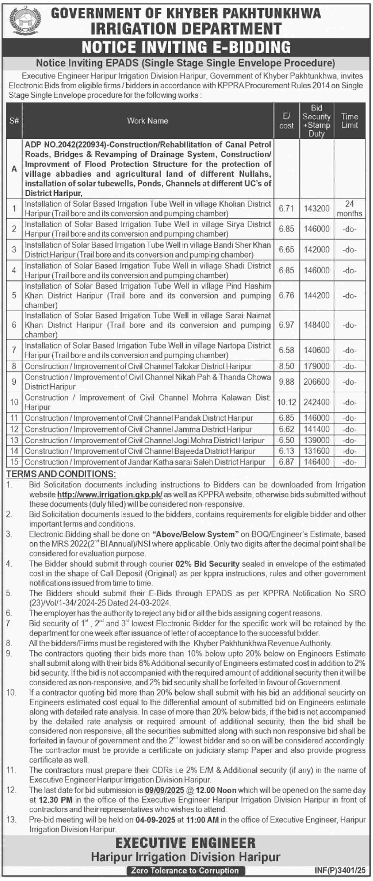 Irrigation Department Haripur Tender Notice
